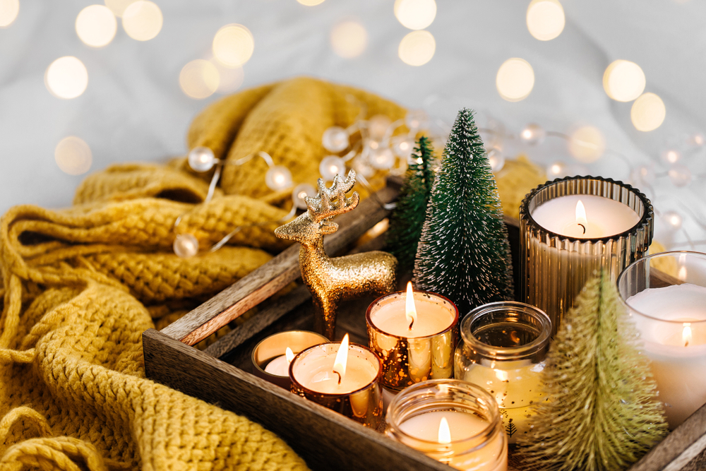 Burning,Candles,And,Christmas,Decorations,On,Wooden,Tray,With,Warm